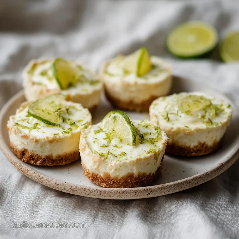 Mini key lime pies dusted with powdered sugar, artfully arranged with lime wedges on a white plate.