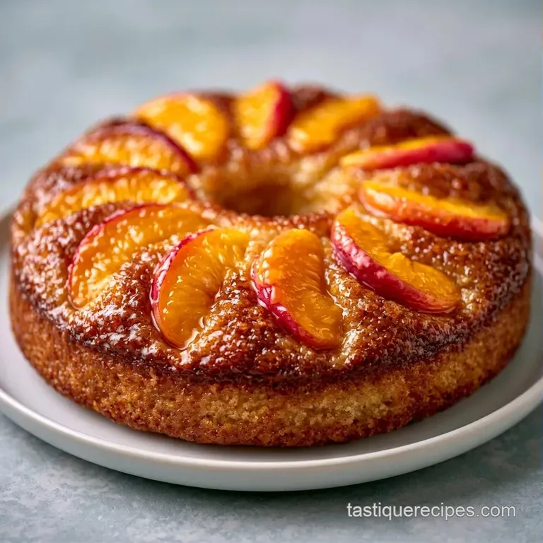 A slice of moist yellow cake topped with a swirl of white cream and a glistening peach wedge on a white ceramic plate.
