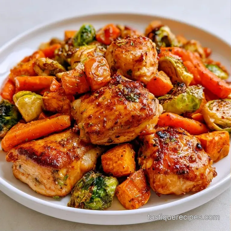 Elegantly plated golden chicken breast with vibrant roasted autumn root vegetables and a sprig of fresh rosemary.