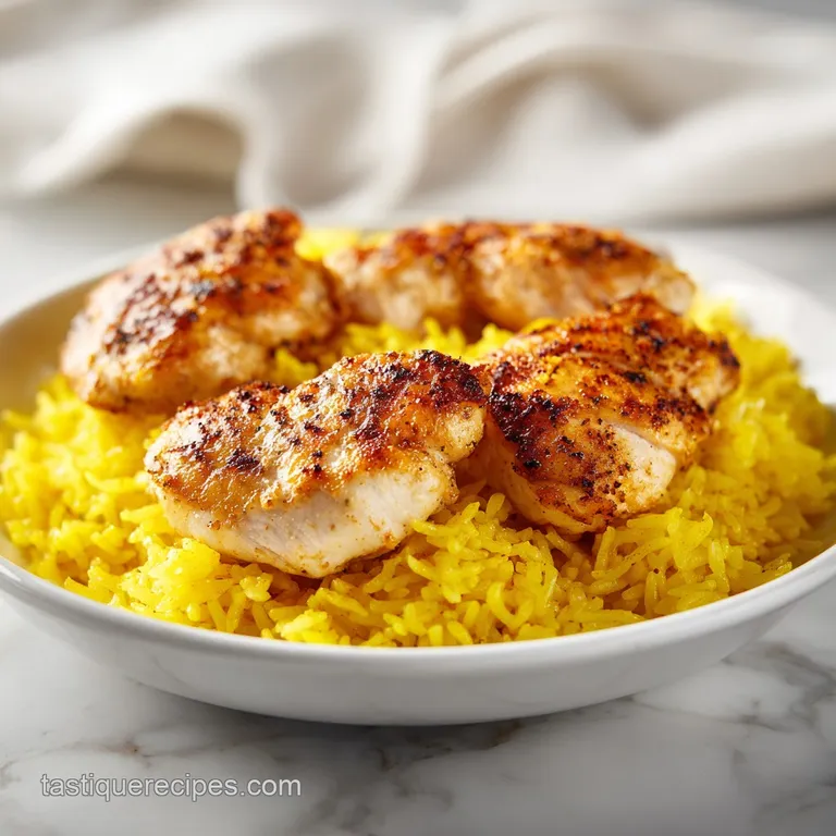 A neat scoop of savory yellow rice topped with a juicy seared chicken breast and a sprig of fresh parsley.