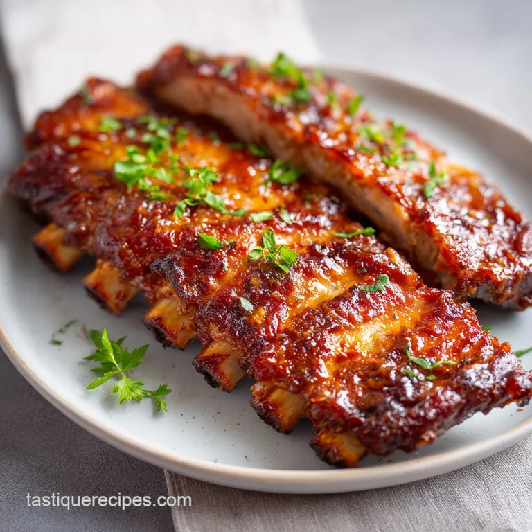 Juicy, fall-off-the-bone ribs artfully arranged with vibrant green parsley and a side of creamy coleslaw.