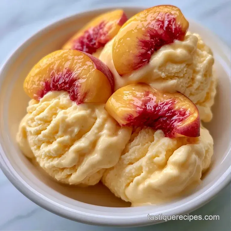 A single scoop of pale orange frozen dessert on a slate plate, garnished with a mint leaf and a sliver of fresh peach.