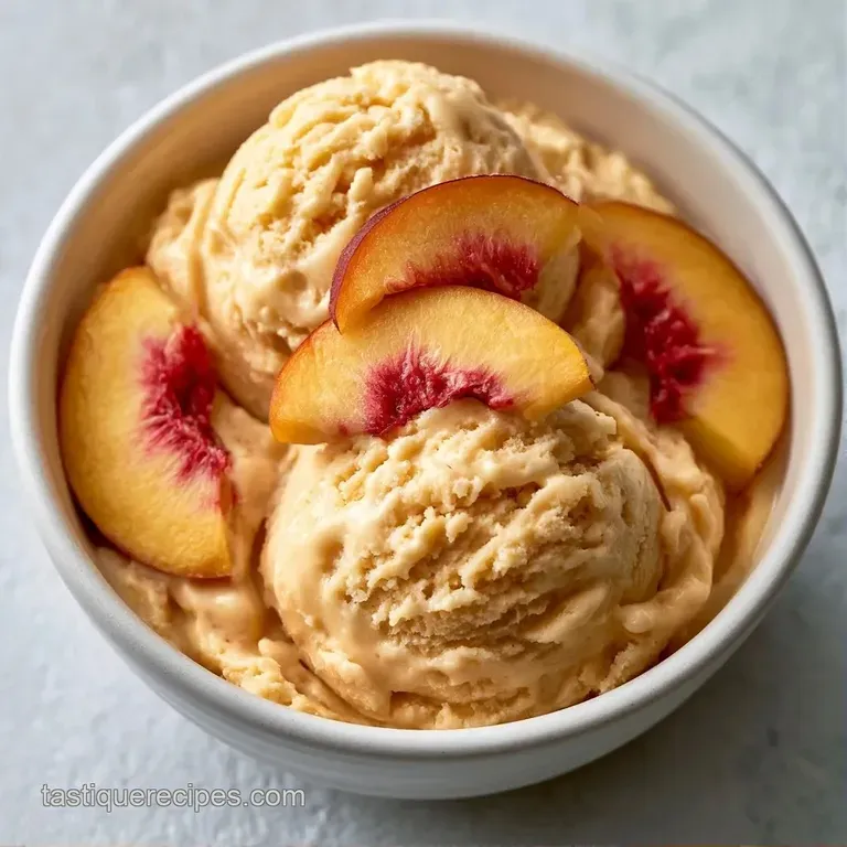 Elegant scoops of pale orange frozen cream served in a glass coupe with fresh peach slices and mint garnish.