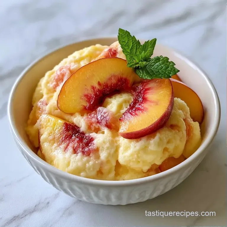 Four chilled glasses of pale orange frozen dessert topped with bright mint leaves and thin peach slices.