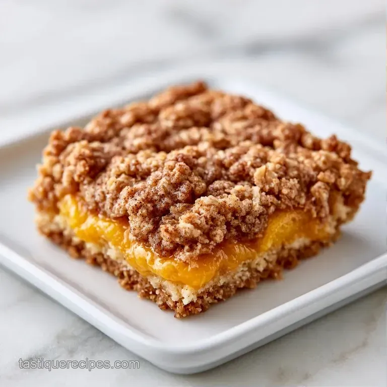Square fruit bars on a white marble platter, topped with a golden oat crumble and a drizzle of vanilla cream.