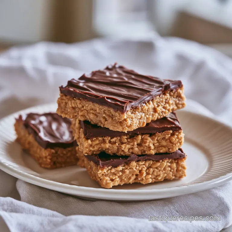 Neatly stacked squares of creamy tan peanut butter treat topped with glossy chocolate on a clean white plate.