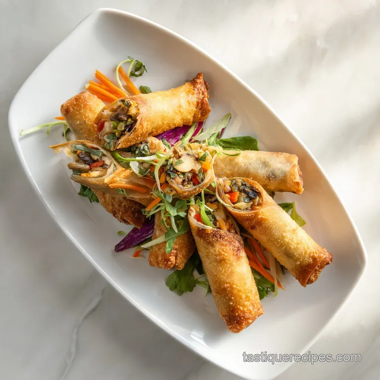 Three delicate egg rolls, perfectly golden, arranged artfully with a side of dark dipping sauce.