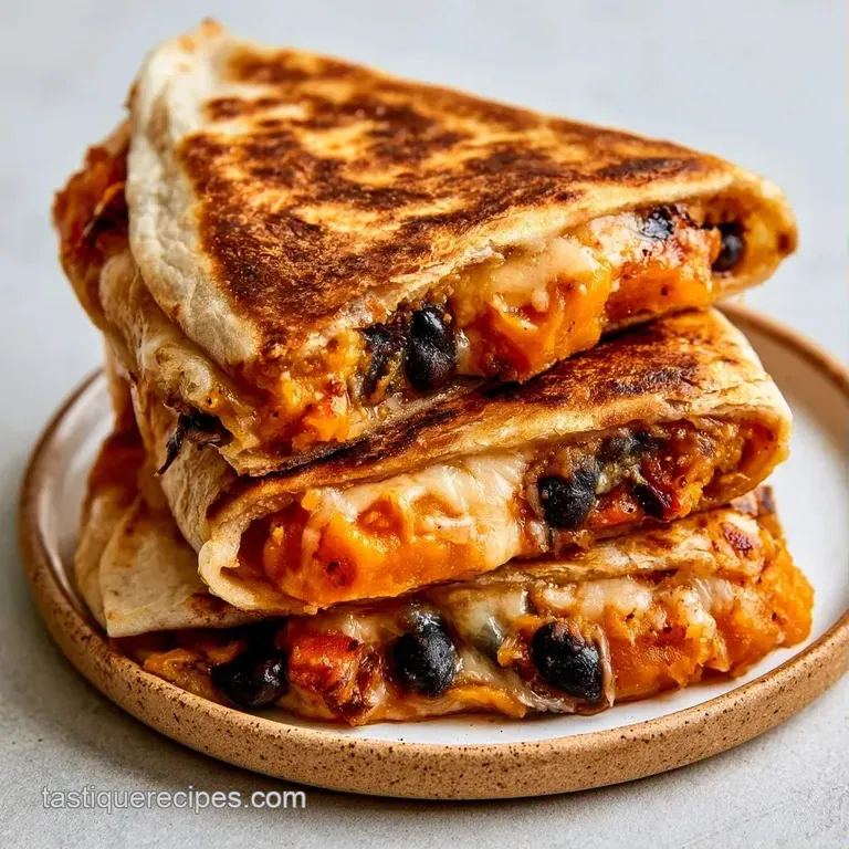 Symmetrical slices of toasted tortillas filled with vibrant orange pumpkin and melted cheese on a white plate.