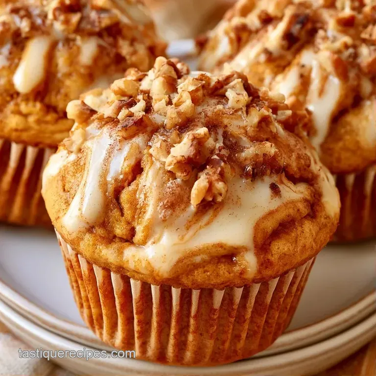 A fluffy orange muffin on a white ceramic plate, topped with a swirl of cream cheese and a dash of warm cinnamon.