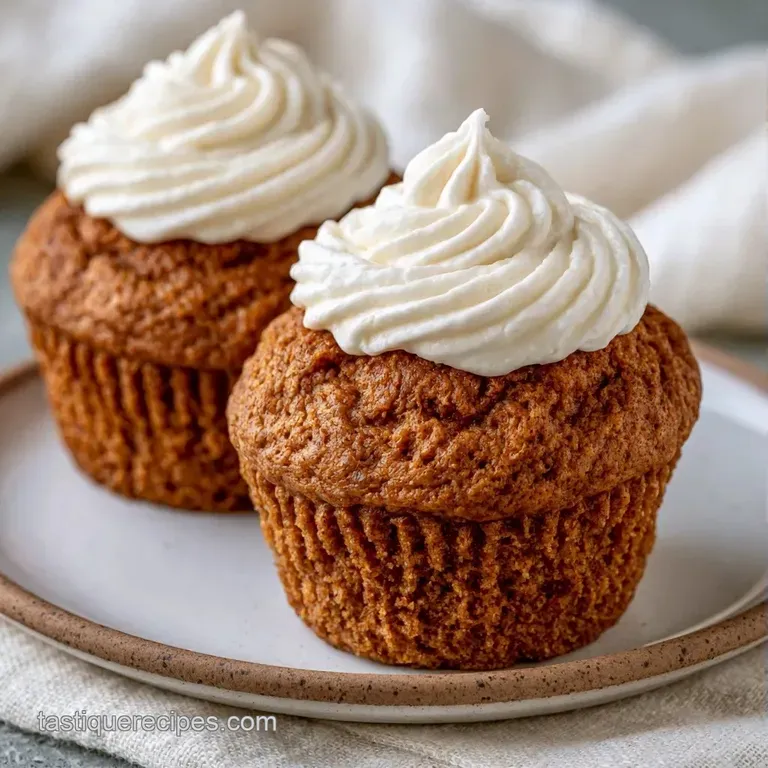 Orange-hued muffins on a white ceramic plate, topped with a dollop of white cream and a light sprinkle of cinnamon.