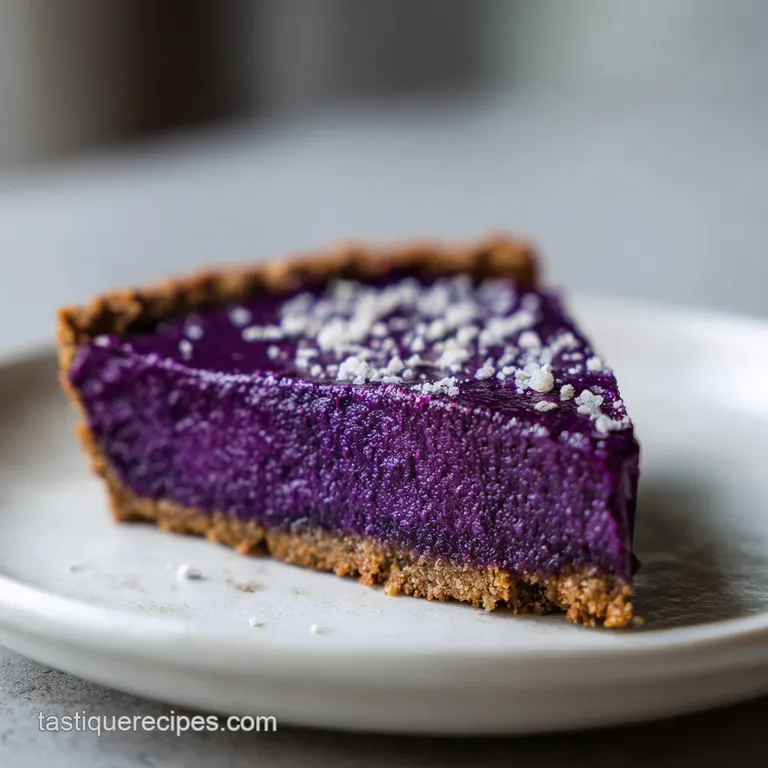 Slice of purple sweet potato pie with a dollop of whipped cream. The creamy filling contrasts with the crumbly crust.