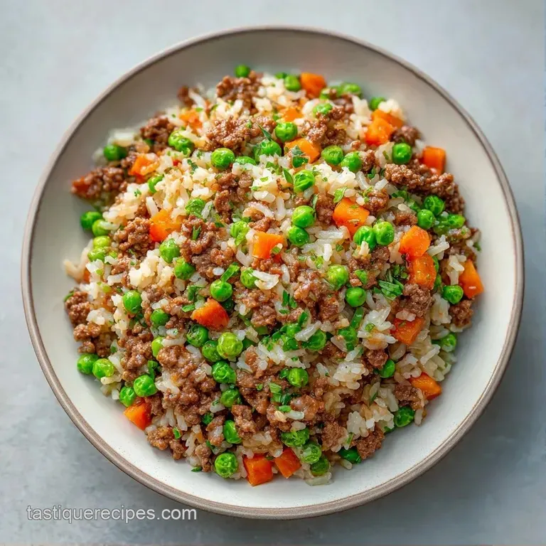 Neatly scooped fluffy white rice topped with savory browned beef and bright carrots on a minimalist white ceramic plate.