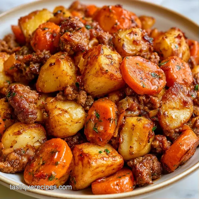 Tender beef chunks and vibrant root vegetables plated on white porcelain with a drizzle of glossy brown reduction.