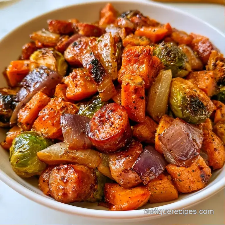 Roasted honey-glazed carrots and Brussels sprouts plated beside seared sausages with a sprinkle of fresh parsley.