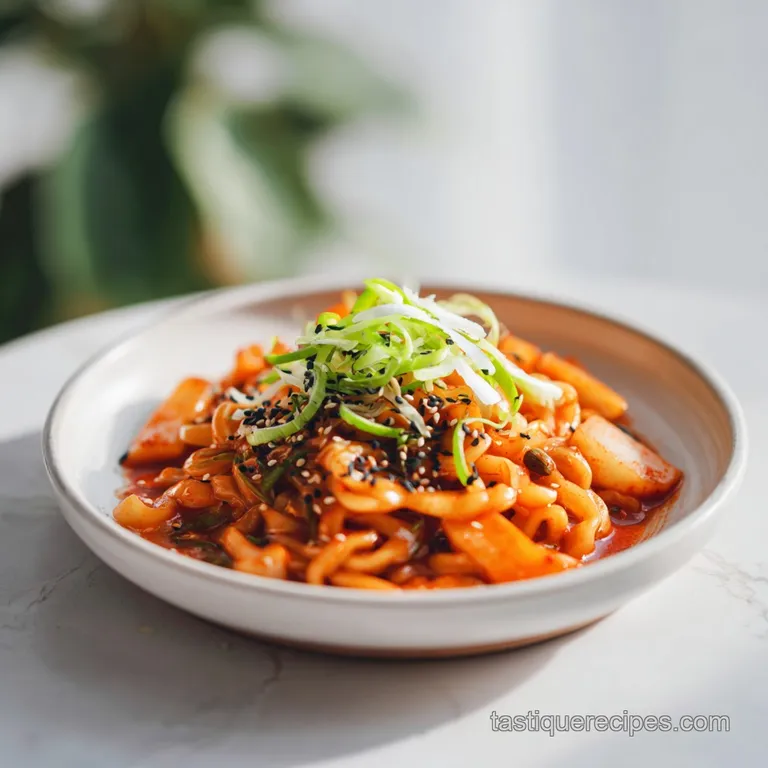 Steaming bowl brimming with red-pepper-glazed ramen, plump rice cakes, and sliced scallions, hinting at spice and savory d...
