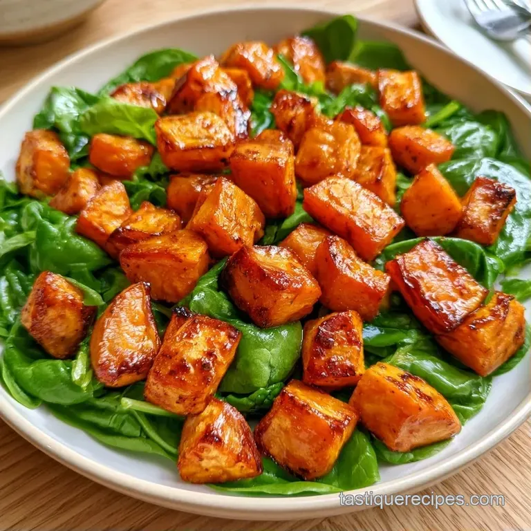 Vibrant orange root vegetables and fresh greens elegantly arranged on a ceramic plate with a drizzle of glaze.