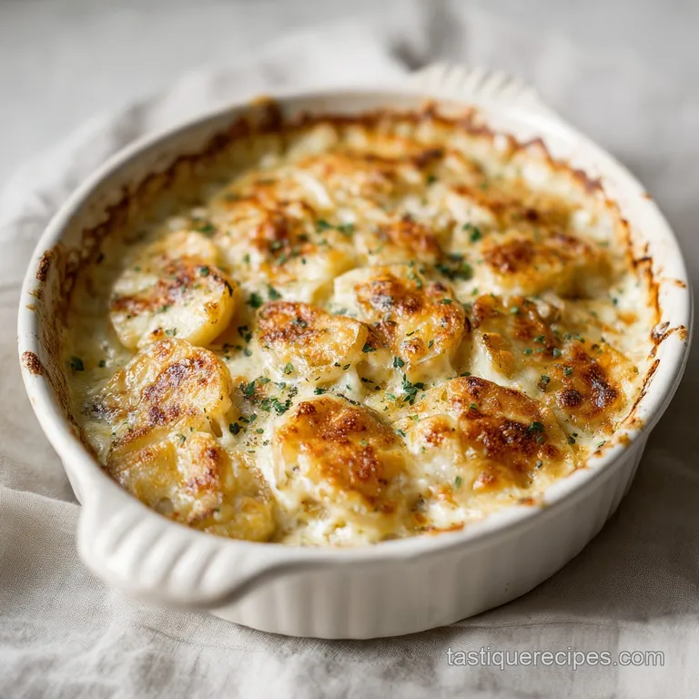 A rich scoop of cheesy gratin potatoes, golden and glistening, served in a rustic ramekin.