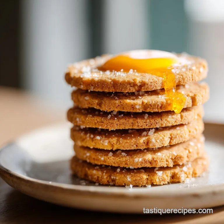 Delicate salted egg yolk cookies arranged on a vintage plate, dusted with powdered sugar, hints of visible egg yolk.