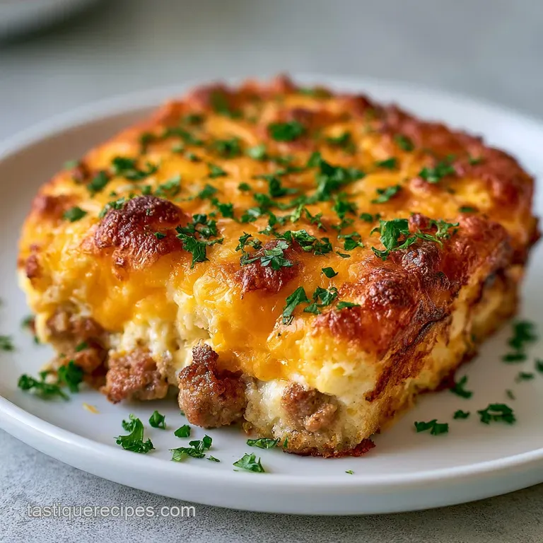 A perfectly square slice of golden potato casserole on a white plate, topped with a sprinkle of fresh chives.