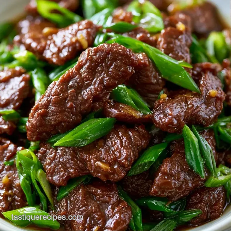 Glazed brown beef strips and crisp green scallions artfully plated on a white dish with a side of steamed rice.