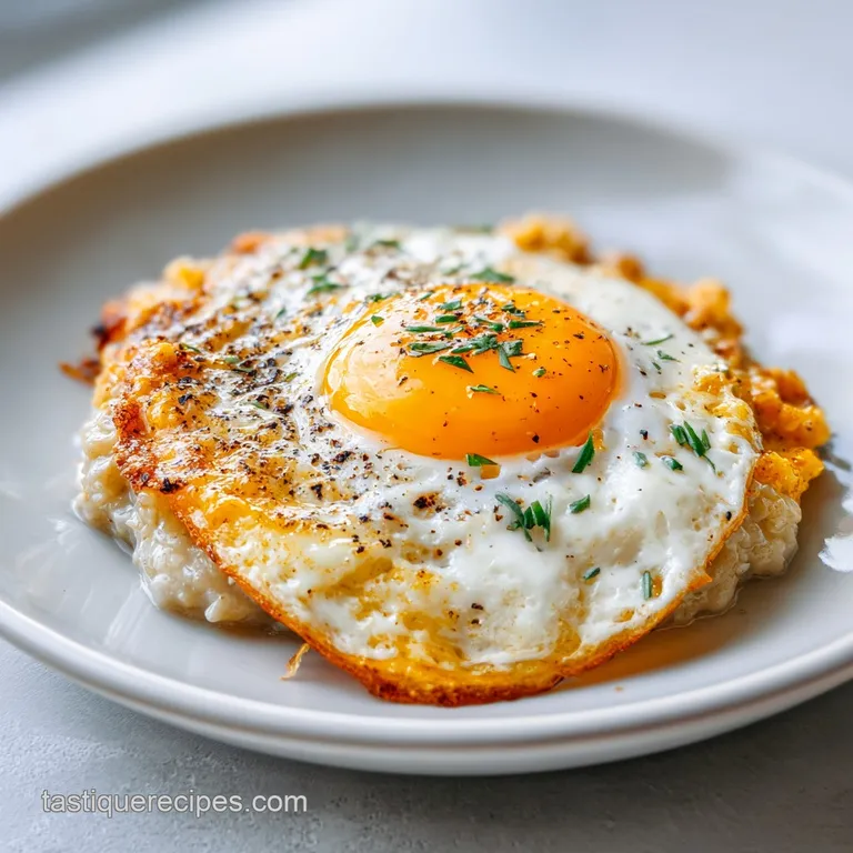 Savory oatmeal in a white bowl, topped with a perfectly cooked egg, bacon, and herbs, plated with a silver spoon.