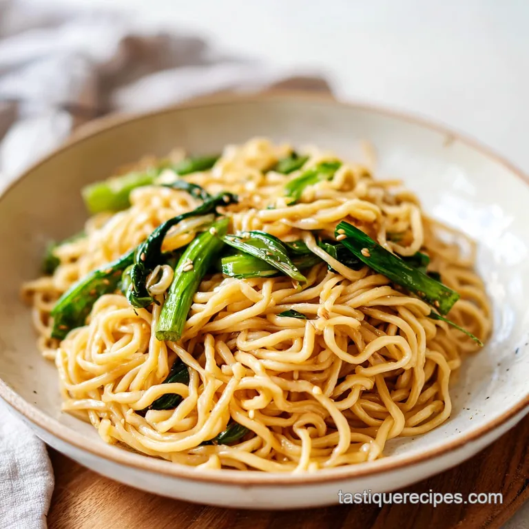 Tightly wound nest of noodles slicked with scallion oil, topped with a fried egg and sliced scallions in a white bowl.