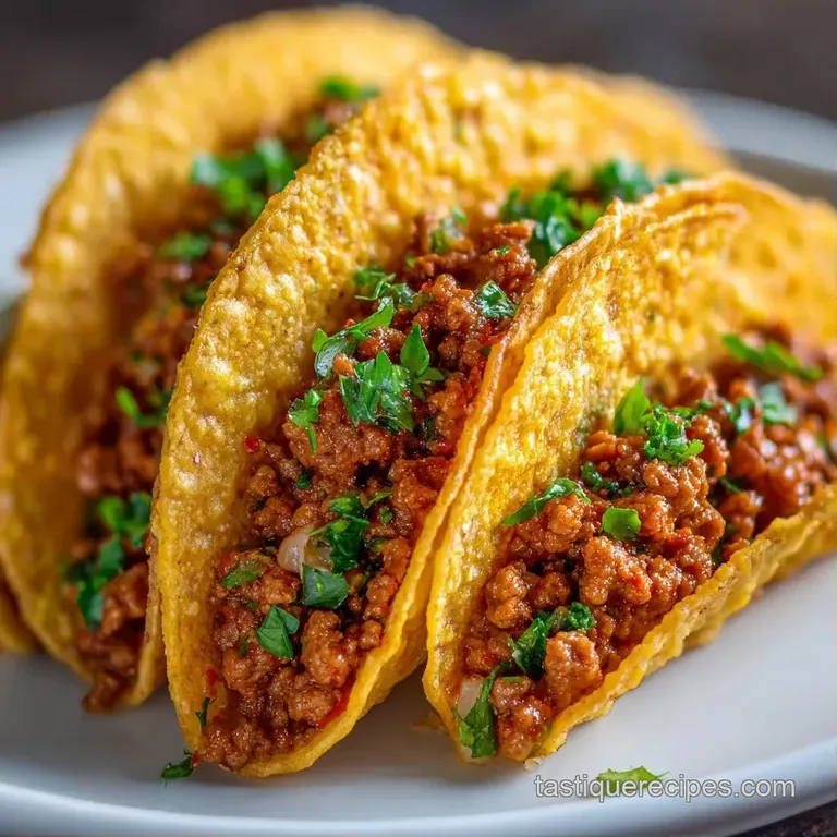Platter of crisp corn shells filled with savory meat, topped with creamy white sour cream and vibrant green cilantro.