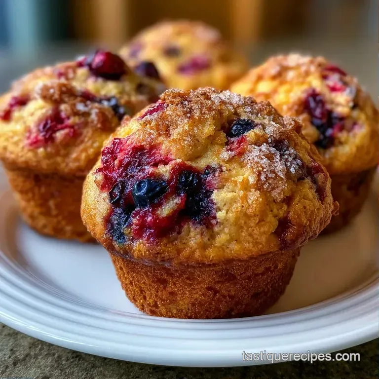 Elegant plate holding a fluffy golden pastry topped with fresh berries and a drizzle of honey on a linen napkin.