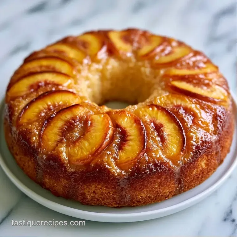 A slice of moist golden cake with glazed peaches on a white ceramic plate, paired with a sprig of fresh mint.