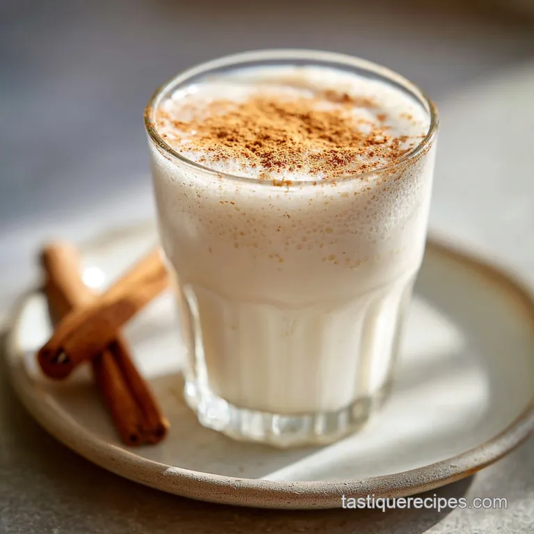 Elegant glass of chilled horchata, a cinnamon stick garnish, sits beside a bowl of rice. Light reflects off the smooth liq...