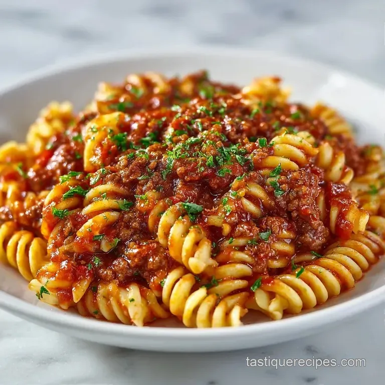 A white ceramic bowl filled with beefy pasta, topped with melted parmesan and a sprinkle of fresh green parsley.