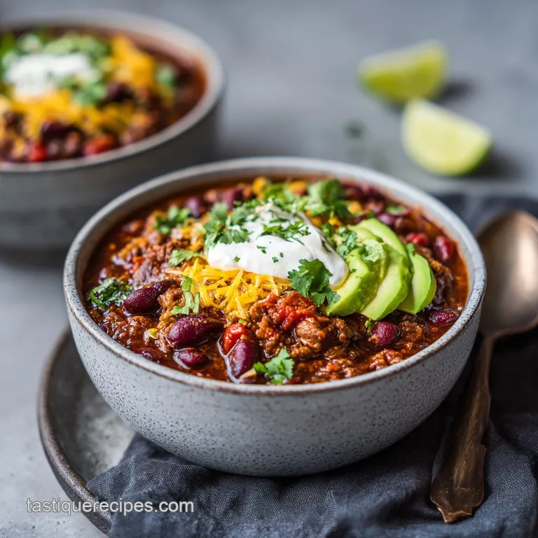 A steaming bowl of hearty chili, topped with vibrant green cilantro and a dollop of sour cream.