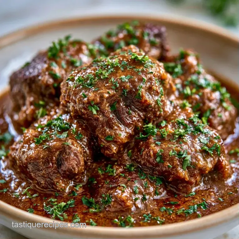 A rustic ceramic bowl filled with chunky beef and root vegetables, garnished with a sprig of fresh green parsley.