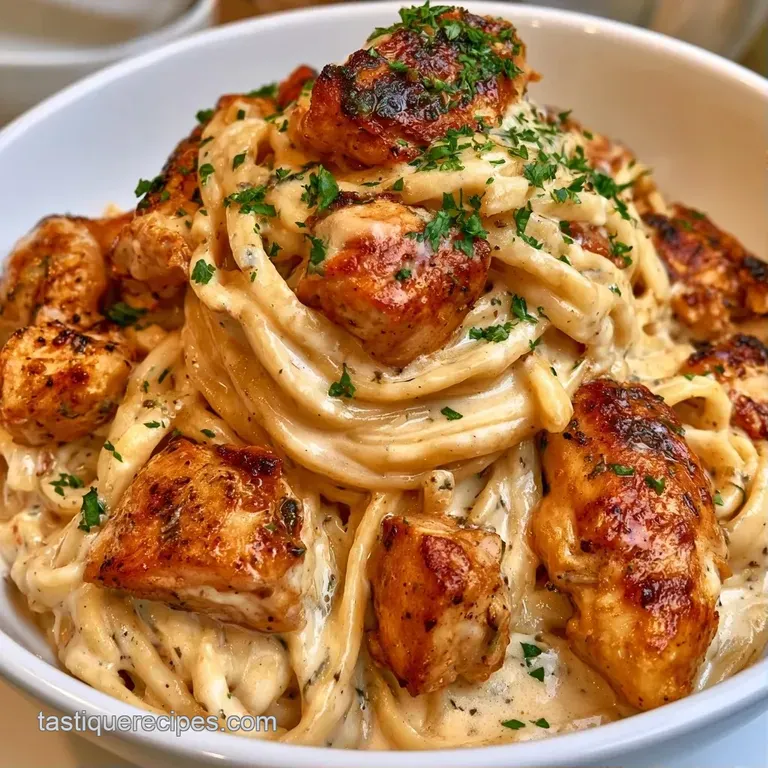 A swirl of creamy white pasta topped with fresh parsley and cracked black pepper on a clean, matte white ceramic plate.