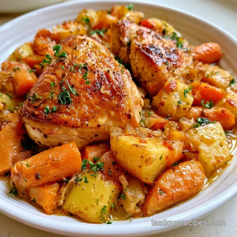A slice of creamy chicken stew topped with a crisp gold pastry, served on a white plate with a sprig of parsley.