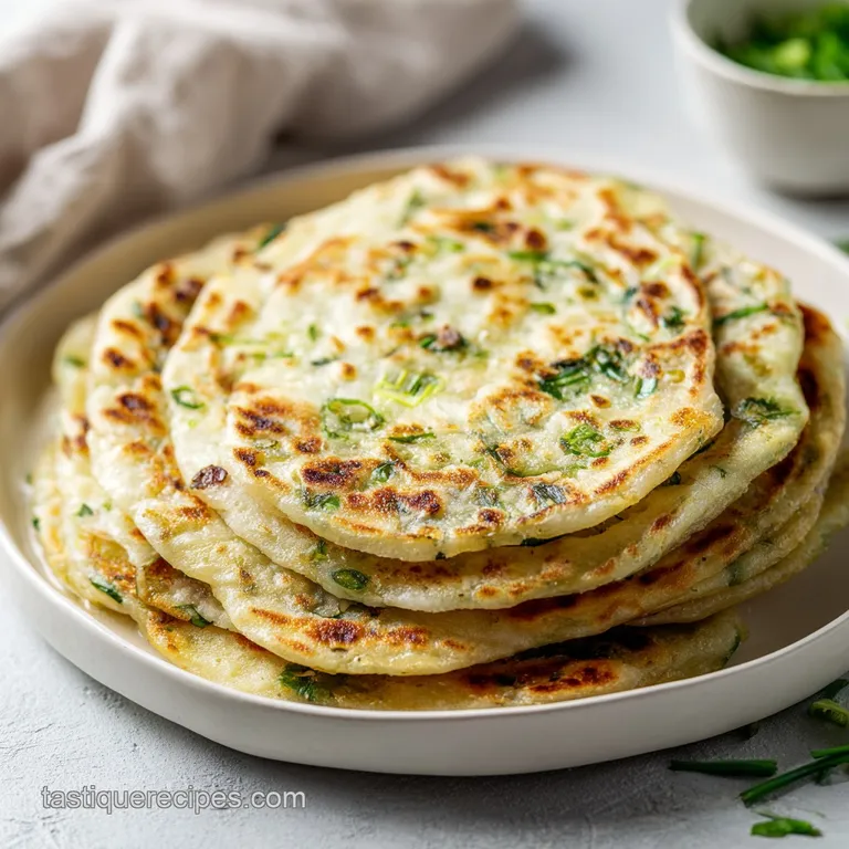 Delicate scallion pancake, artfully folded on a white plate. Glistening sesame oil & vibrant green scallions add visual ap...
