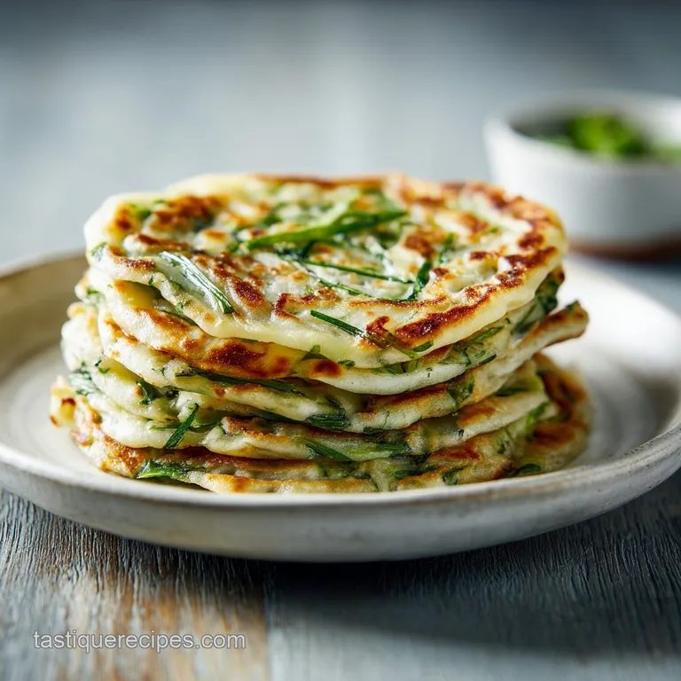 Stacked scallion pancakes drizzled with sauce, showing tender, chewy insides and a light, golden-brown exterior.