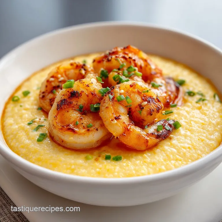 A shallow white bowl filled with velvety yellow grits topped with seared shrimp and a drizzle of glossy sauce.