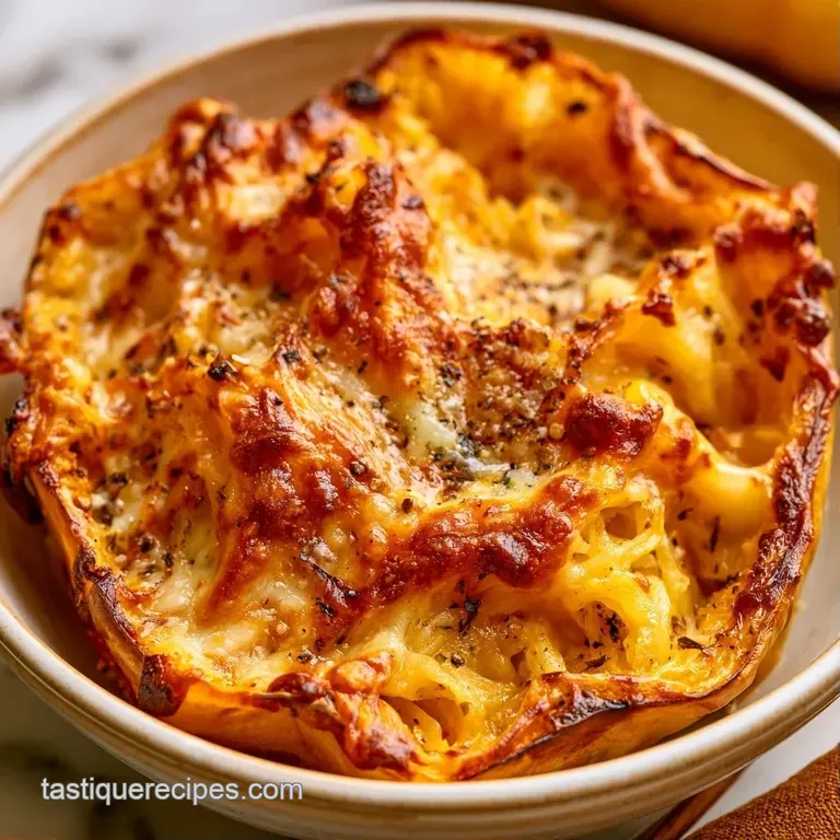 Golden strands of roasted squash topped with melted, toasted cheese and fresh basil on a clean white ceramic plate.