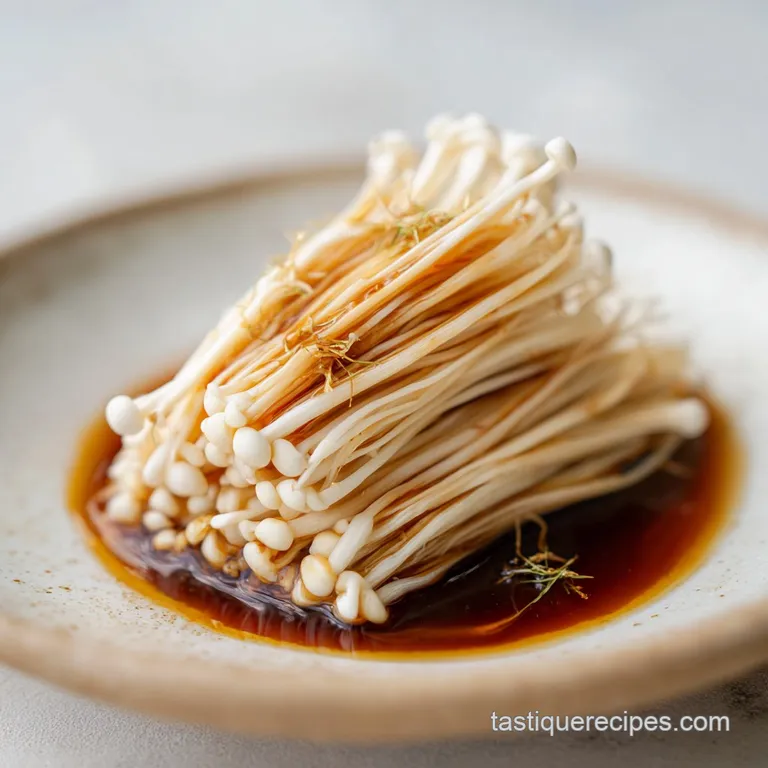Delicate tendrils of spicy enoki mushrooms artfully arranged on a white plate, a vibrant contrast with a sprinkle of green...