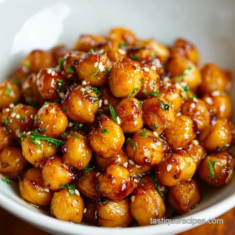 Shiny, sticky sesame chickpeas artfully arranged in a shallow bowl, reflecting light, garnished with vibrant green spring ...
