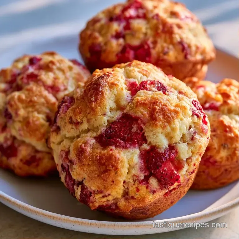 A stack of golden baked treats topped with fresh strawberry slices and a dusting of snow-white powdered sugar.
