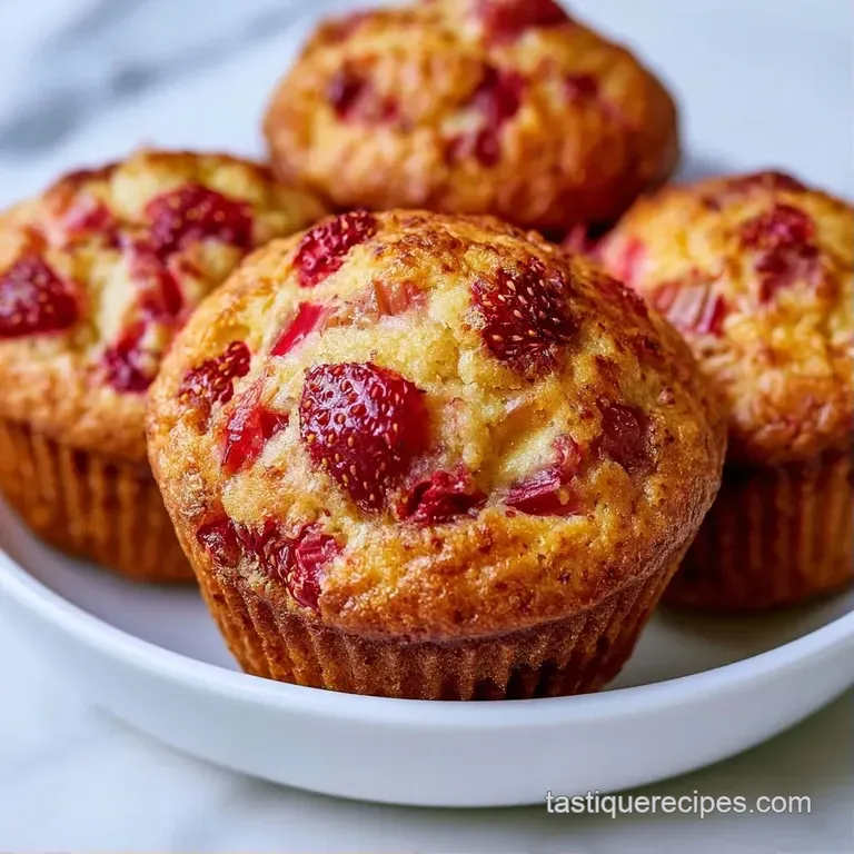 Two fluffy muffins on a white ceramic plate beside a linen napkin and a handful of fresh, glossy strawberries.