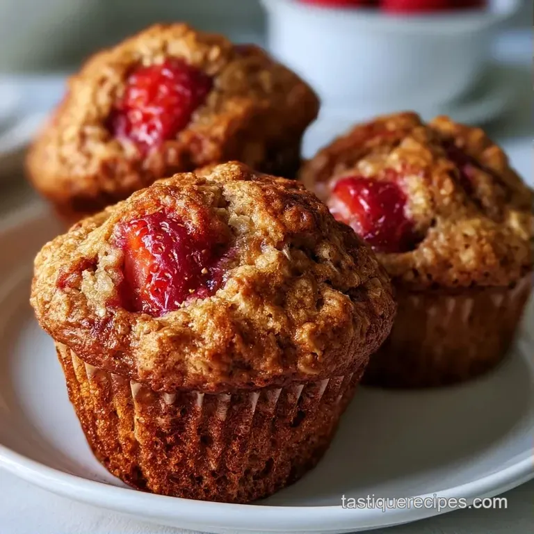 Three golden-brown oat muffins on a white ceramic plate beside a linen napkin and a handful of fresh strawberries.