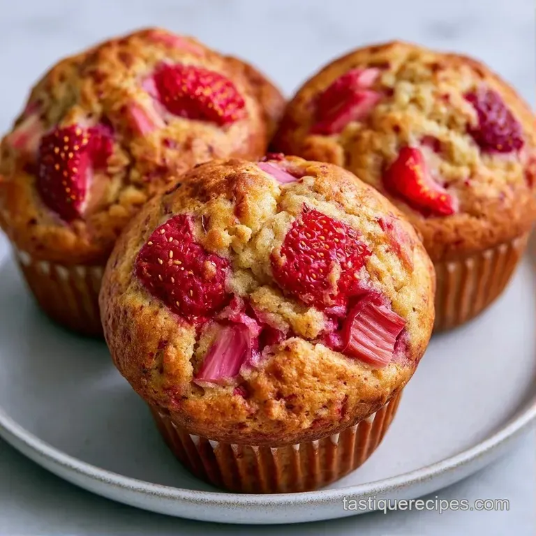 Two moist, golden muffins on a white ceramic plate with a light dusting of powdered sugar and fresh berries.