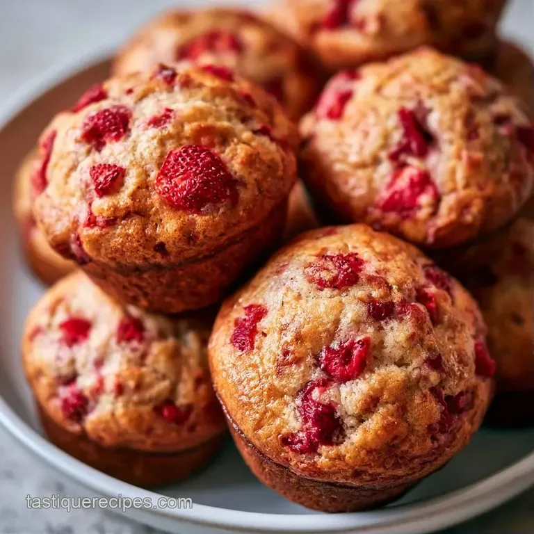 A stack of golden muffins on a ceramic plate, dusted with powdered sugar and paired with a fresh strawberry slice.