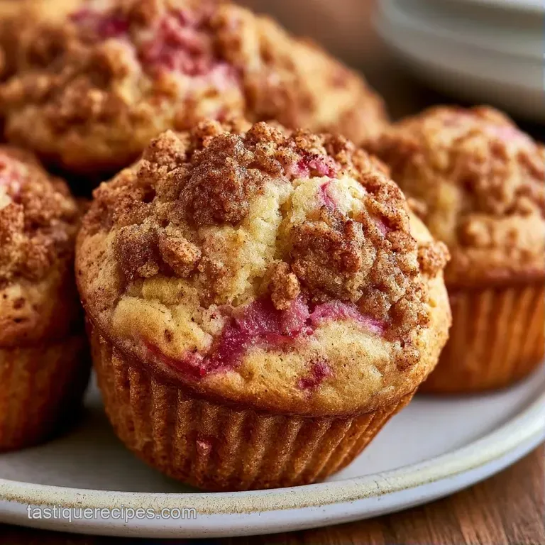 Warm, crumb-topped cakes on a white ceramic platter, accented by fresh rhubarb stalks and a soft linen napkin.