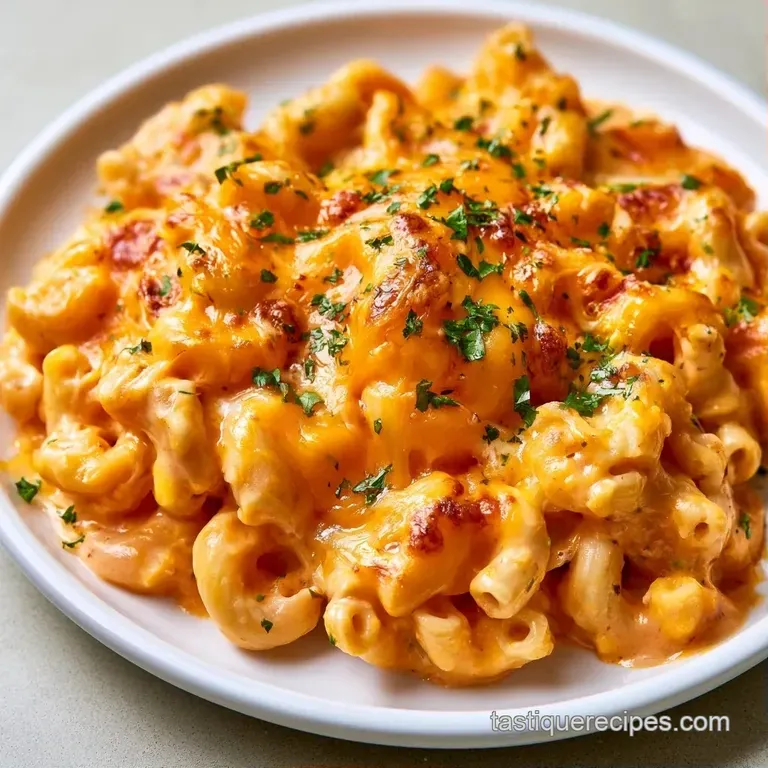 A generous scoop of vibrant orange pasta topped with melted cheese on a matte grey plate with a sprig of parsley.