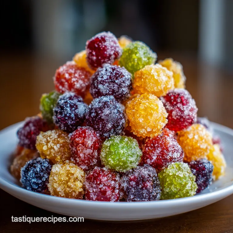 Sparkling tanghulu skewers artfully arranged in a glass. Their sugary shells shimmer against the blurred, warm background.