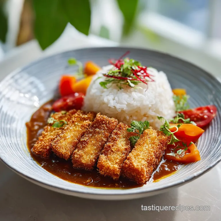 Perfectly plated tofu katsu curry with vibrant green scallions, bright red pickled ginger, and a glistening, savory sauce.